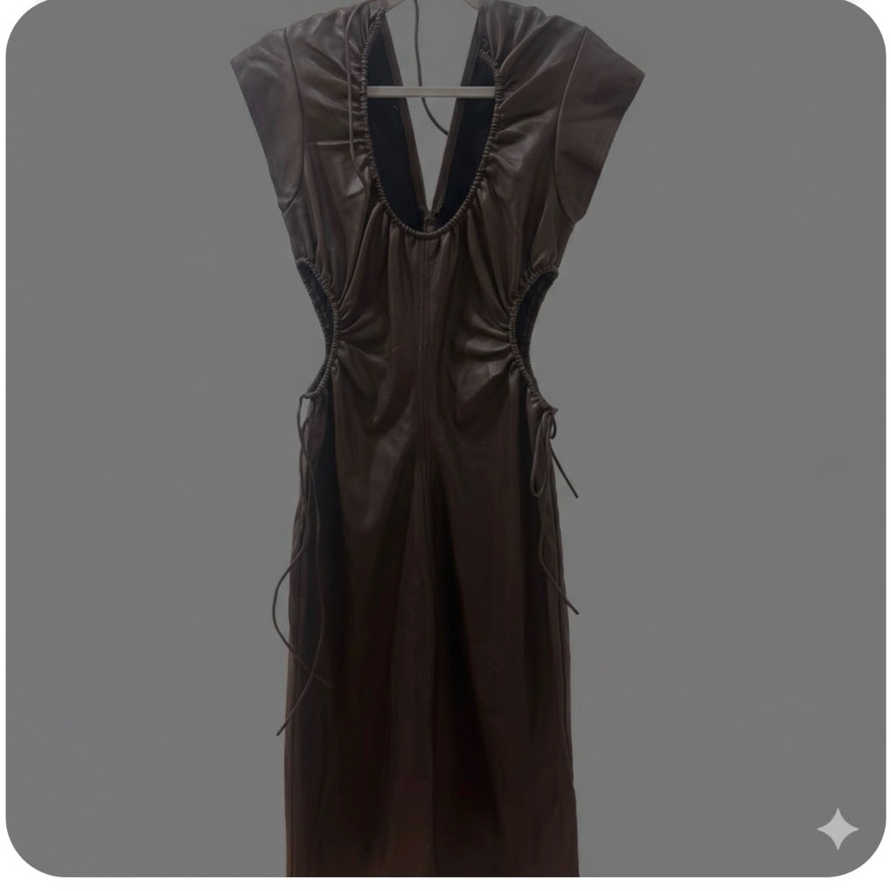 INLAND Chocolate Brown Faux Leather Cut-Out Midi Dress - Size Small - Picture 5 of 5